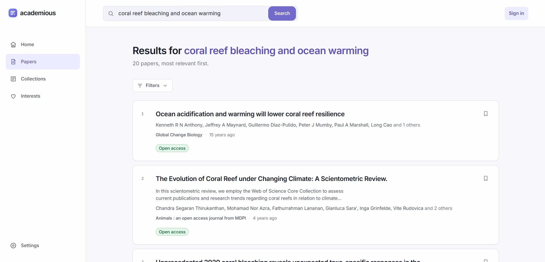 Academious search results for coral reef bleaching and ocean warming, ranked by relevance, with authors, journals, dates and open-access labels