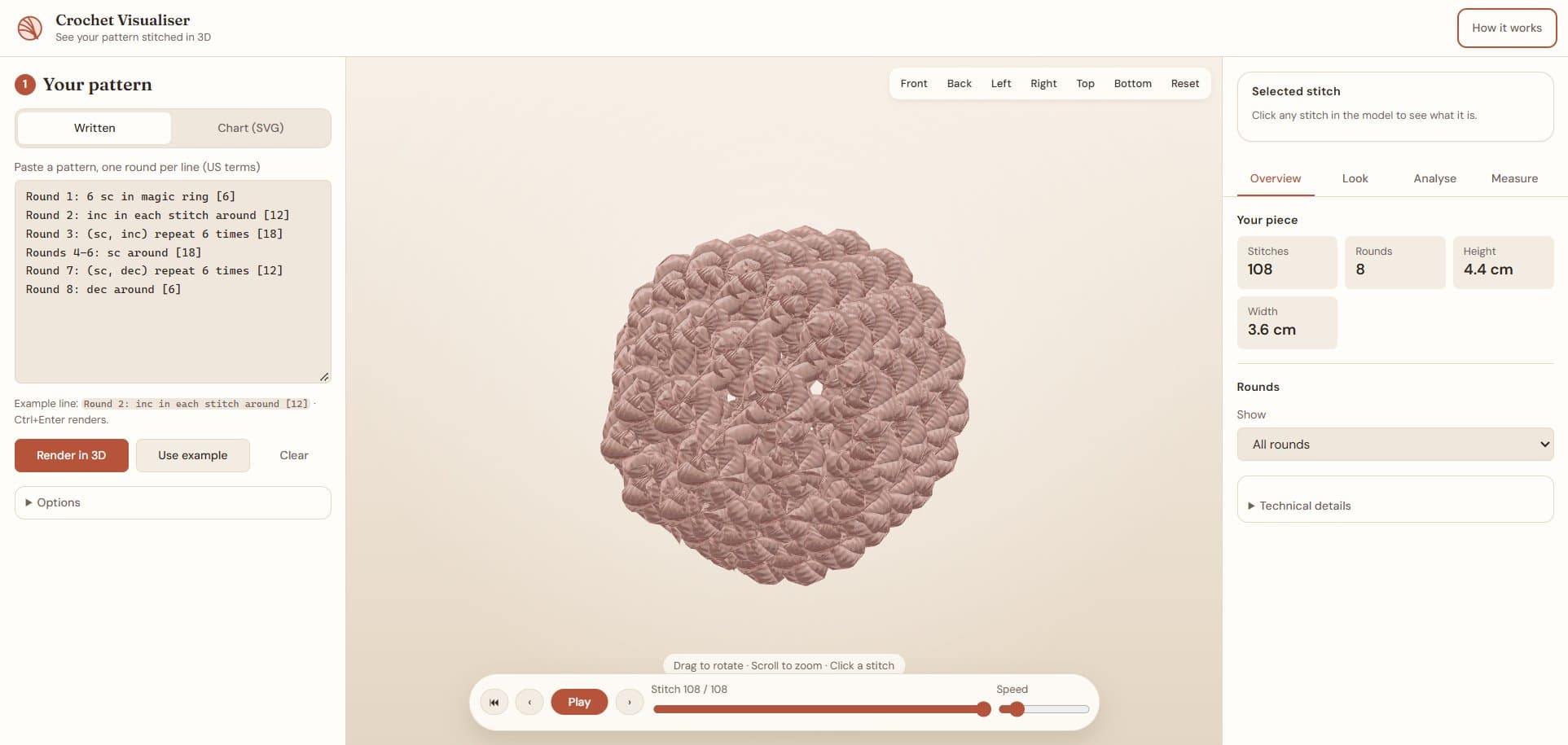 Live Crochet Visualiser turning an eight-round written pattern into a 108-stitch 3D yarn model with stitch, round and size details
